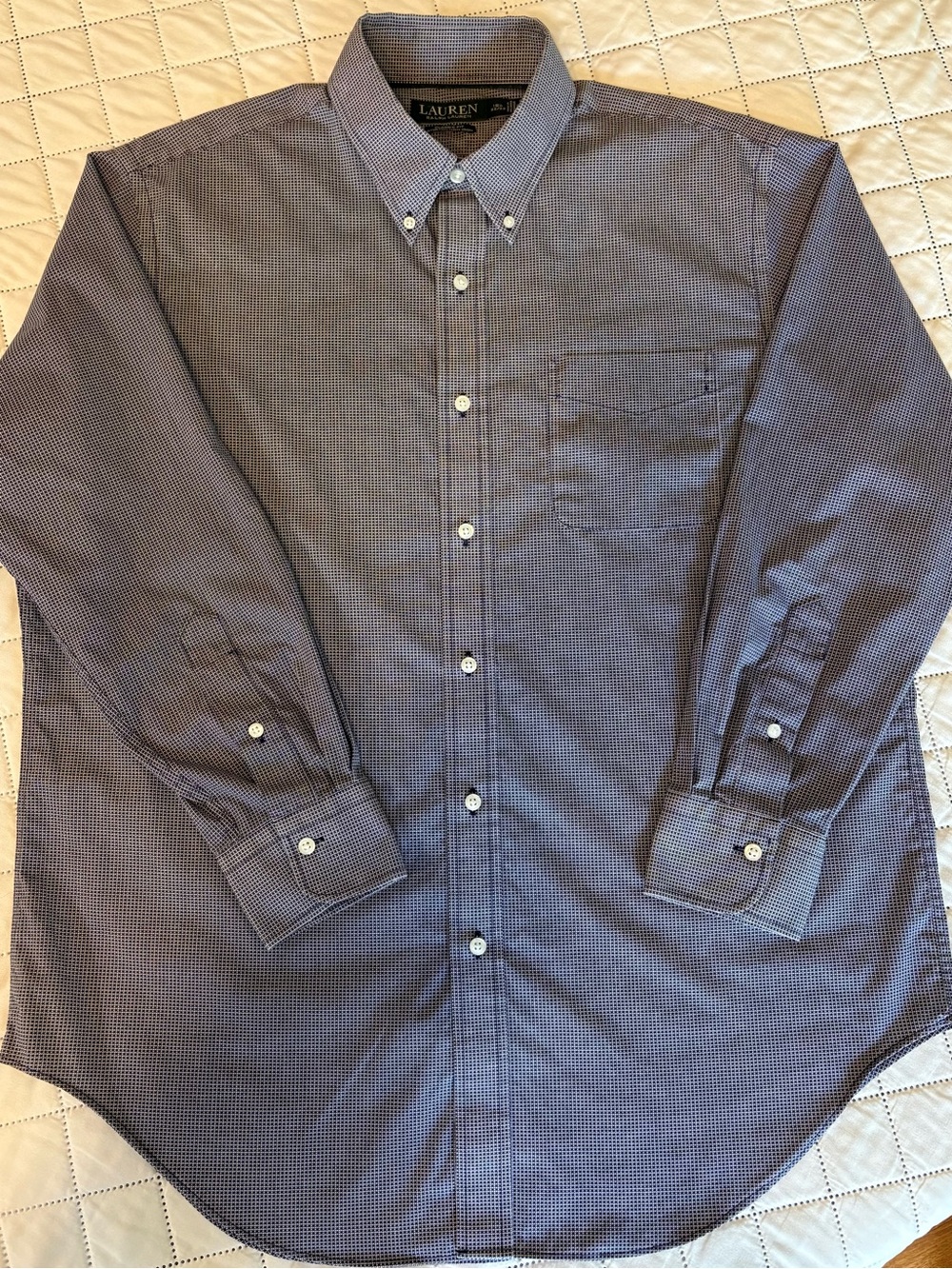 Ralph Lauren classic fit in navy and white micro check pattern.  Size XL.